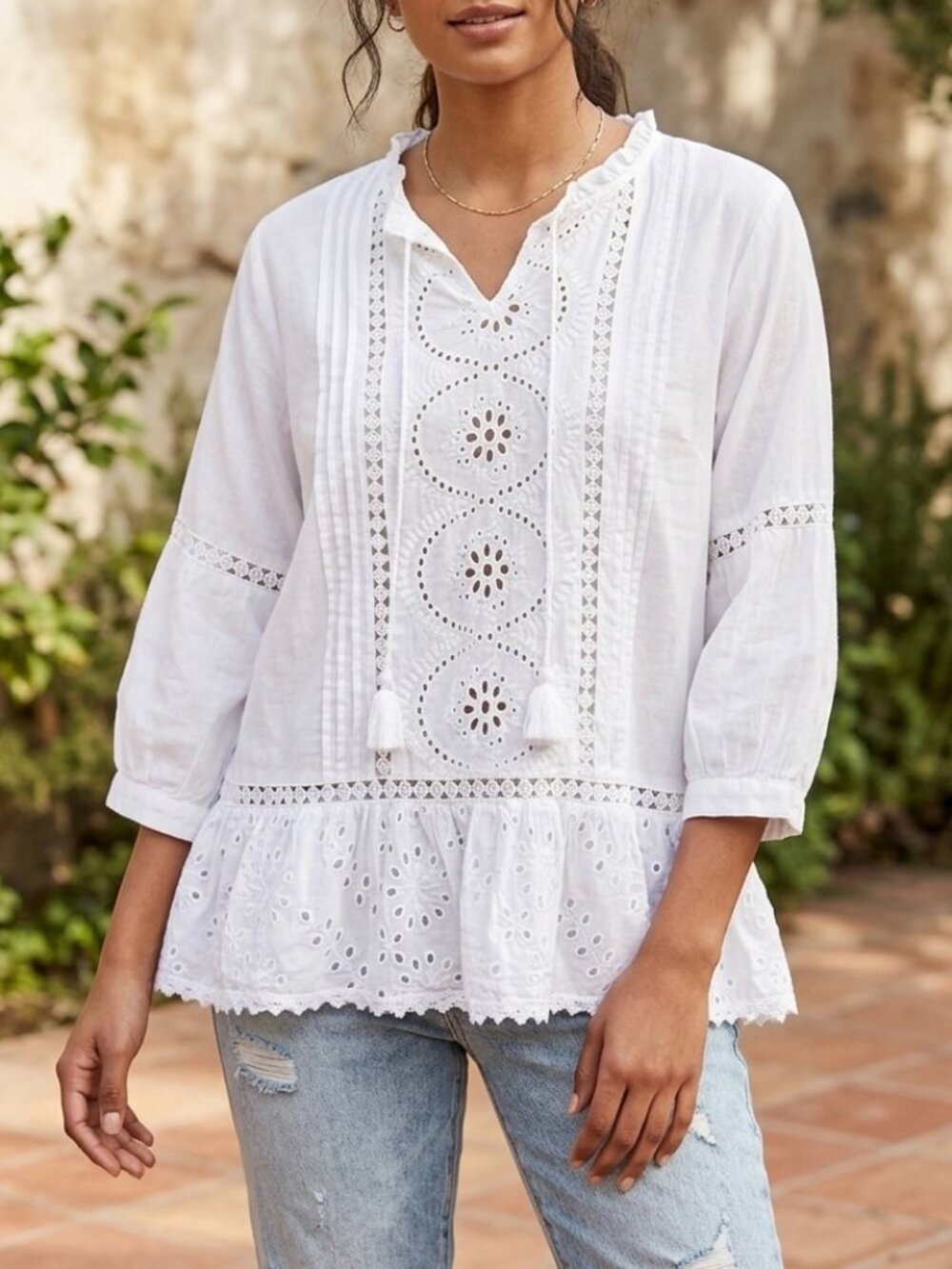 Kanishka Women's White Eyelet Peasant Blouse 100% Cotton Size XL Cottagecore Y2K